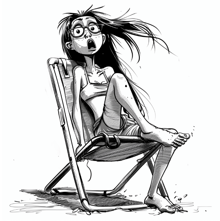 A black and white ink caricature of a young woman with glasses, likely in her 30s, showing a shocked or surprised expression. She is seated in a folding chair with her hair being blown to one side, indicating the presence of a strong wind or movement. Her mouth is open wide, and eyes are enlarged, emphasizing her startled reaction. She has a mole on her leg that might be cancerous. She is sitting in a beach chair in beach attire, likely on a beach.