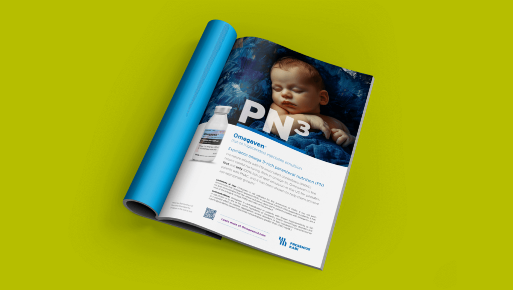 A visually appealing magazine with a sleeping child and info about the Omegaven product on a light olive background.