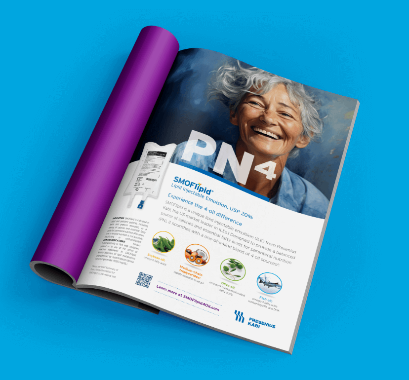 A visually appealing magazine with a smiling elderly woman and info about the SMOFlipid product on a blue background.