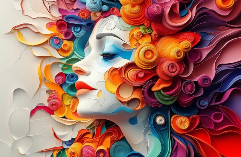 Profile of a woman with vibrant, multicolored paper quilling-style hair