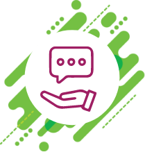 A circular icon with a pink outline shows an open hand holding a speech bubble with an ellipsis inside. The icon is on a dark green background with various abstract green shapes.
