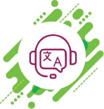 A circular icon shows a headset with a microphone. A speech bubble inside the headset has a stylized Chinese character and a capital letter 'A'. The icon is outlined in pink and is on a dark green background with abstract green shapes.