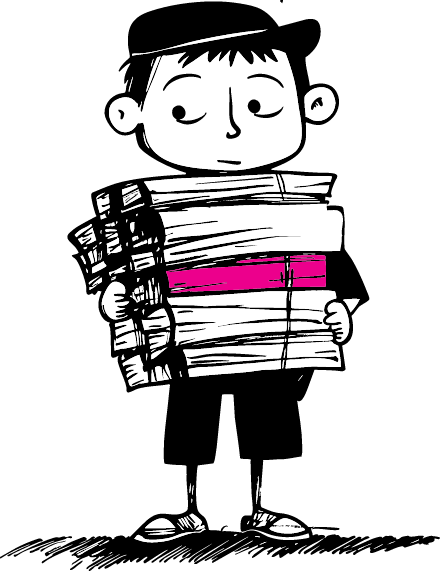 Cartoon boy with tired expression carrying tall stack of books with one pink book in middle, on black background.