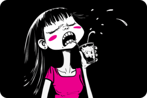 Cartoon illustration of an exaggerated, dramatic young girl in a pink shirt with long black hair, eyes squeezed shut and mouth wide open in intense effort or pain, cheeks flushed, slurping loudly from a straw in a boba tea cup with dark tapioca pearls splashing out, surrounded by motion lines and droplets on a black background