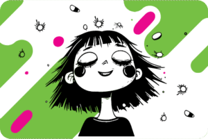 Cartoon illustration of a smiling young woman with short black bob haircut and bangs, closed eyes, large circular earrings, and black top, floating happily amid scattered pink pills, spiky virus germs, and abstract green shapes on a white background.